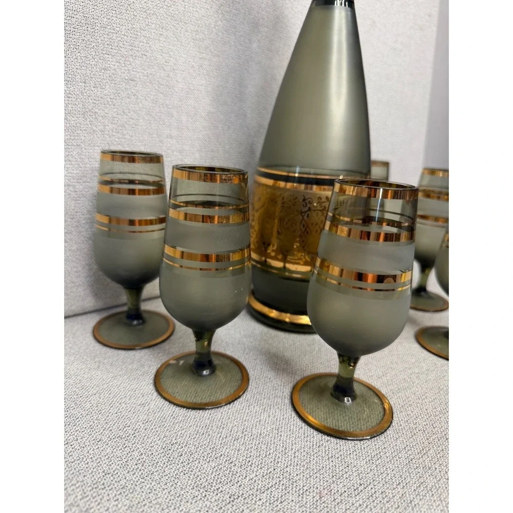Vintage‎ Smoky Gray Gold Decanter Set 6 Cordial Glasses MCM Hollywood Regency
